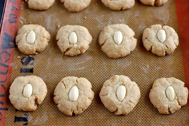 Closely cropped image of twelve brown butter and almond cookies arranged in three rows on an orange and beige well-used Silpat silicone pan liner on top of a metal baking sheet.