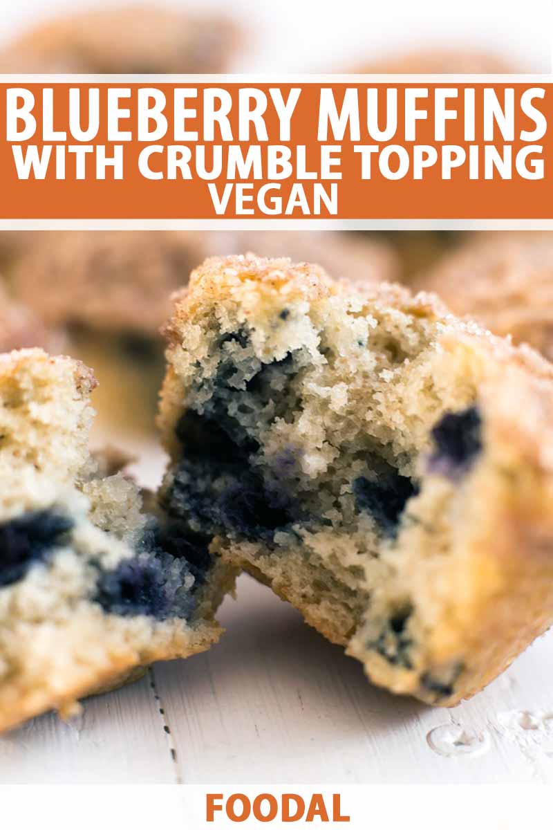 Vertical closely cropped closeup of a homemade vegan muffin with crumble topping, torn in half to show the blueberries and crumb inside, with more in soft focus in the background, printed with orange and white text.