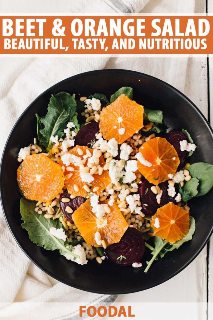Top down view of a black ceramic plate full of a salad made with beets, oranges, couscous, baby spinach, and goat cheese.