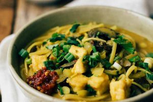 Spicy Curry Noodles with Tofu and Mushrooms