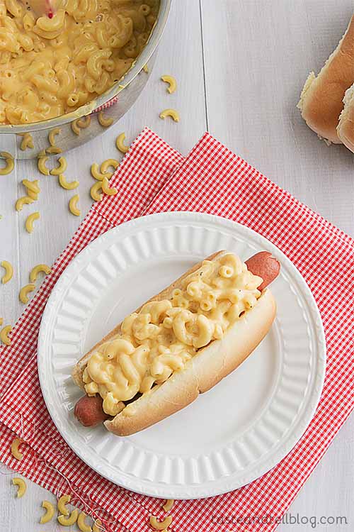 A hot dog in a bun topped with macaroni and cheese on a white plate, on top of a red and white checkered cloth, on a white wood surface with scattered uncooked elbow noodles and bread, next to a pressure cooker insert filled with the sauced pasta dish.