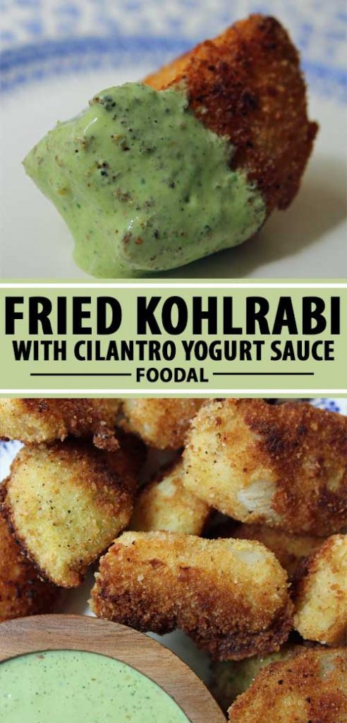 A collage of photos showing different views fried kohlrabi with cilantro yogurt sauce.
