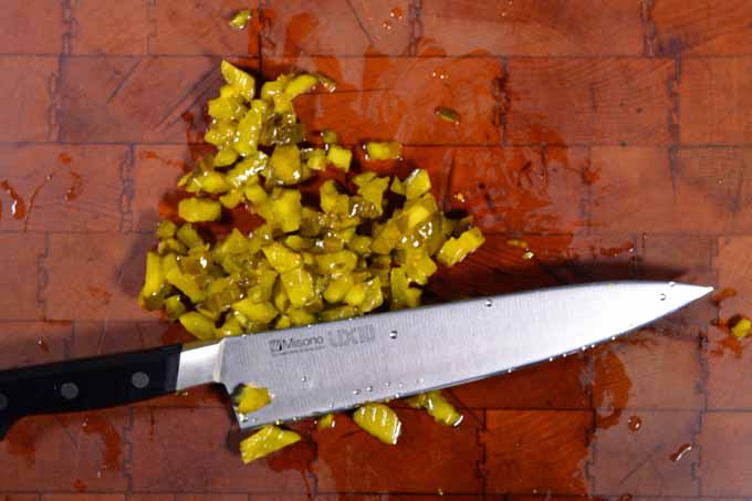 Step 4c - Chop bread and butter pickle with Gyuto Japanese Chef's Knife