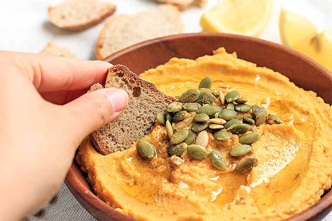 Scooping Pumpkin Hummus with Bread | Foodal.com