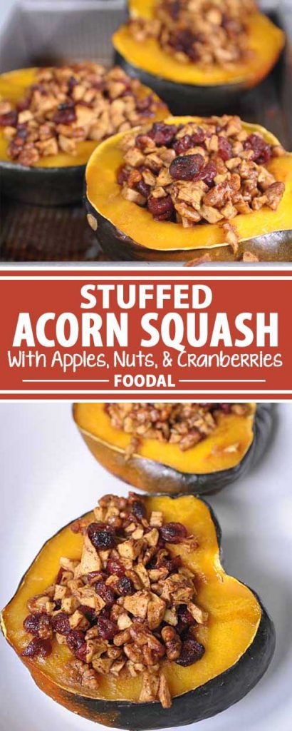 A collage of photos showing a stuffed acorn squash recipe.