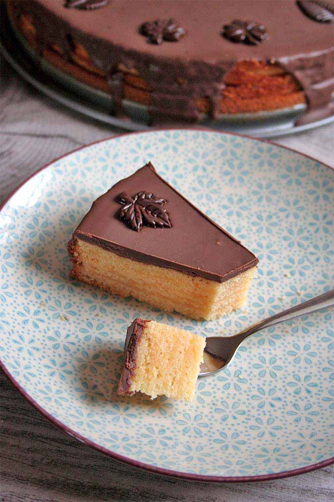 A slice of Baumkuchen cake on a patterned ceramic plate. A fork lays next to the slice with a piece that is ready to enjoy.