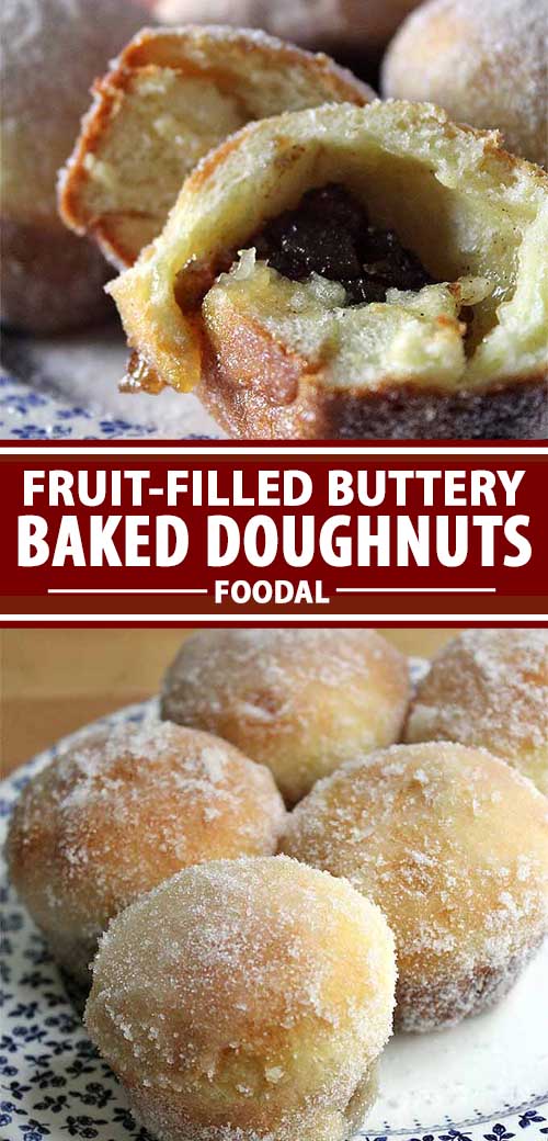 A collage of photos showing different views of fruit-filled baked doughnuts made with buttery brioche dough.