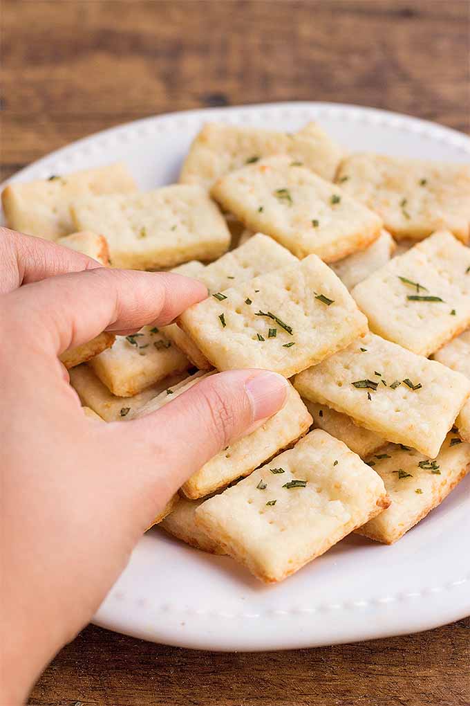 A human hand reaches into a plate of Parmesan and rosemary crackers and pulls one out.