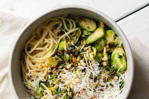 Pasta with Shaved Brussels, Leeks, and Pine Nuts