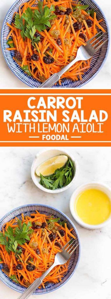 This super simple carrot raisin salad with lemon aioli is perfect for the warmer days of spring! It’s fresh, refreshing, and slightly sweet, with a deliciously easy lemon aioli that makes for a nice contrast, plus a parsley garnish for a pop of green. Get the recipe from Foodal today!