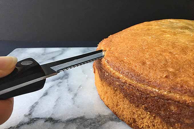 Cutting off the top portion of a cake to prep for decorating | Foodal.com