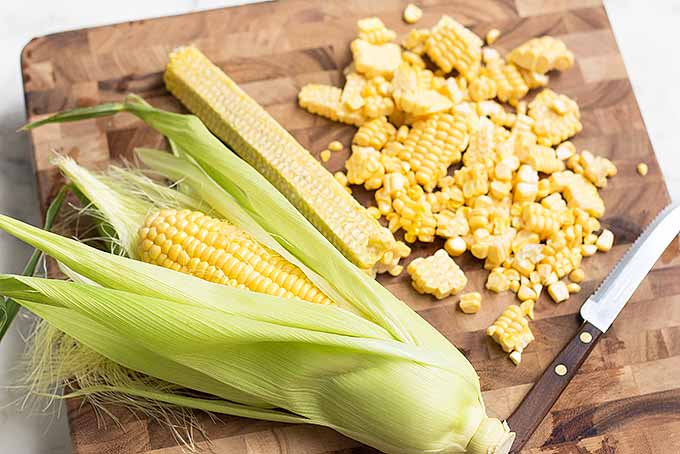 Cutting kernels from fresh corn for our creamy chowder recipe. | Foodal.com