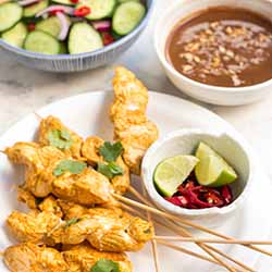 Spicy chicken skewers with peanut dipping sauce. | Foodal.com