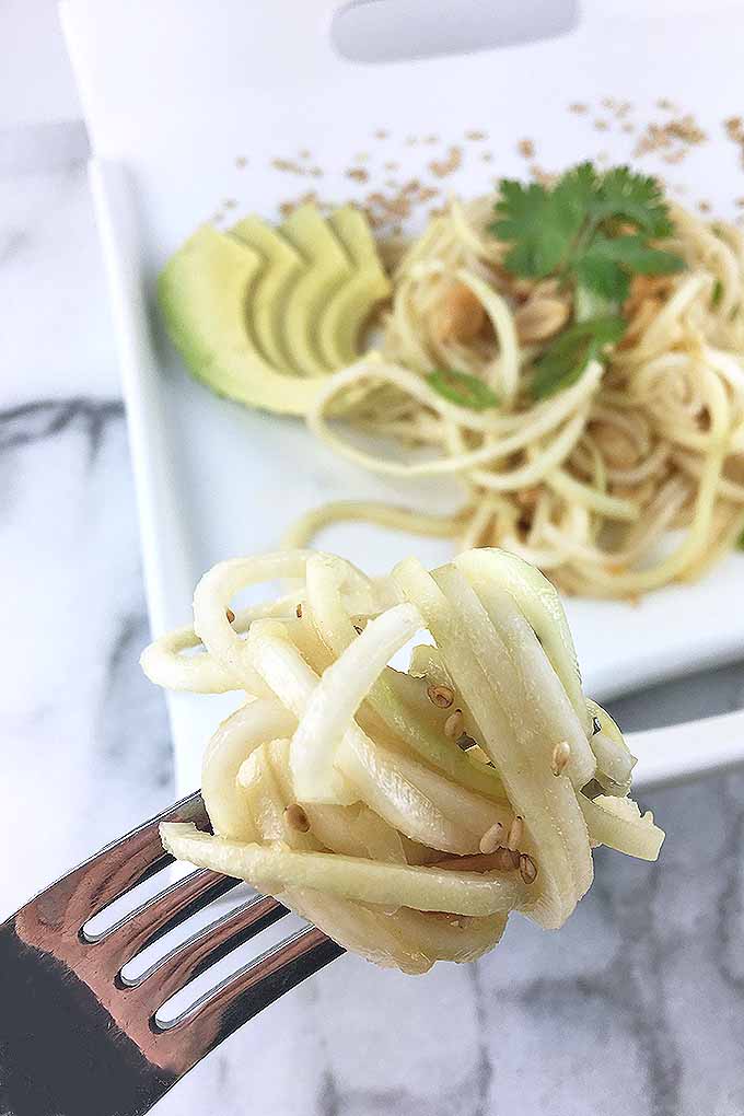 It may look like pasta, but it's actually spiralized kohlrabi! Get our fun recipe for spicy kohlrabi slaw, and put your spiralizer to use: https://foodal.com/recipes/veggies/spicy-spiralized-kohlrabi-slaw/