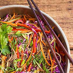 A bowl of colorful soba noodle salad. | Foodal.com