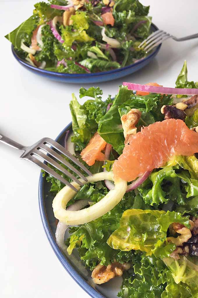 Make a healthy kale salad with bright ingredients like grapefruit and spiralized apples and onions. We share our recipe: https://foodal.com/recipes/salads/kale-grapefruit-salad-spiralized-apple-onion/