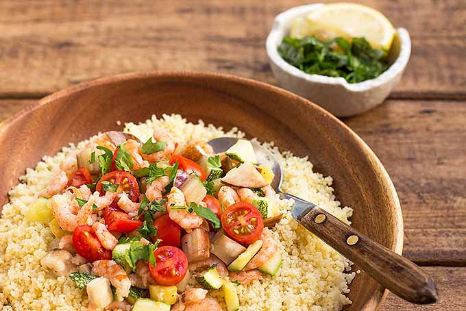 Couscous is the perfect base for sauteed seafood and mixed vegetables.