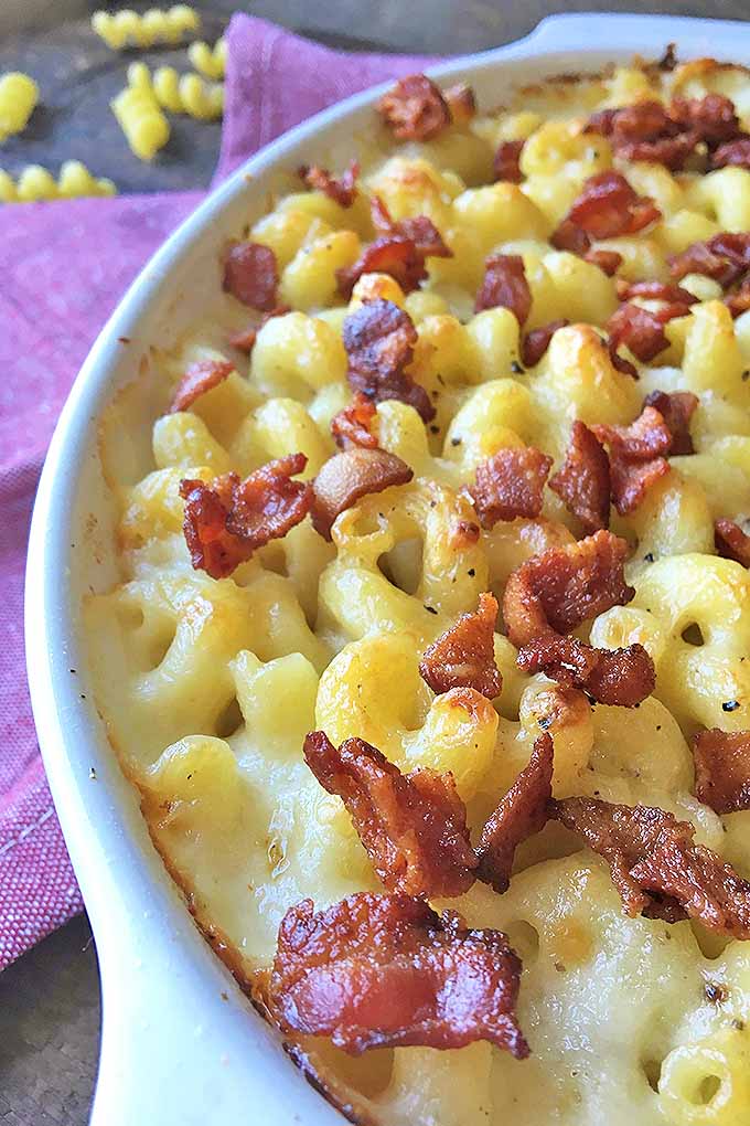With lots of sharp white cheddar and Asiago melted into a creamy sauce, our favorite mac and cheese recipe gets even better with a generous sprinkle of homemade crispy bacon bits. Learn how to make it now: https://foodal.com/recipes/pasta/the-cheesiest-mac-cheese-with-bacon/ 