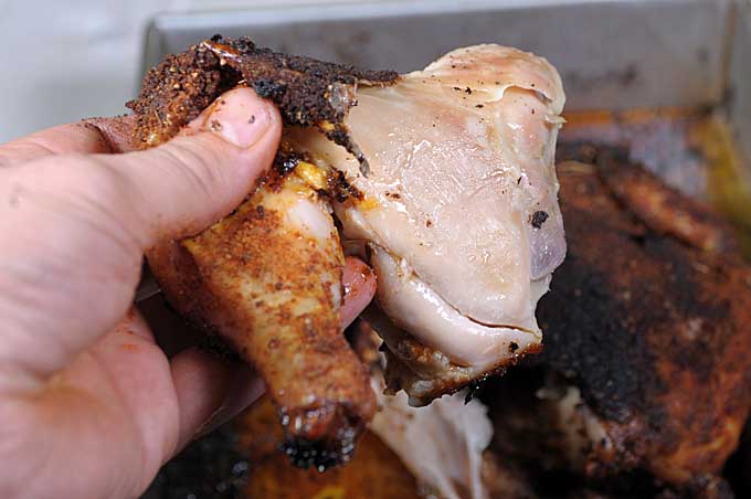 A piece of fully roasted chicken leg pulled off the carcass demonstrating how juicy and tender the meat is. | Foodal