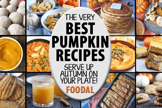 A collage of images showing different sweet and savory pumpkin recipes.