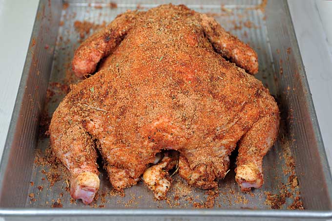 Oblique view of the whole chicken with the dry rub mix completely applied | Foodal