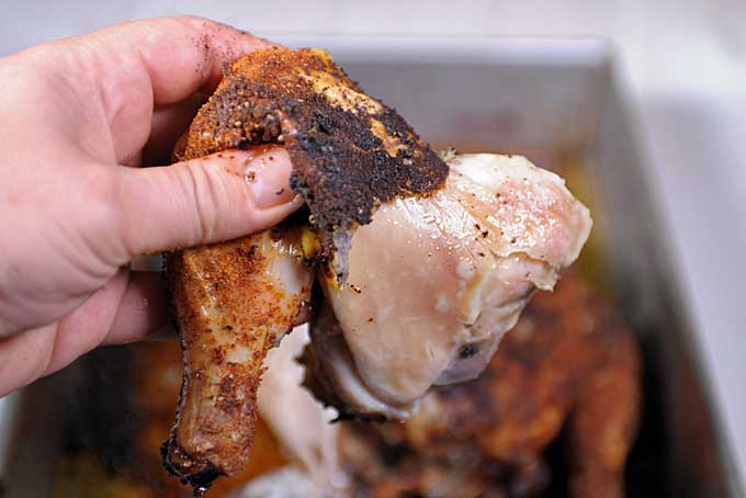 Close up of a human hand holding up a chicken quarter that has been dry brined, rubbed, and roasted to a crispy and juicy perfection | Foodal