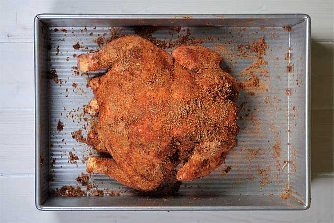 Top down view of a chicken that has been dry brined and rubbed | Foodal