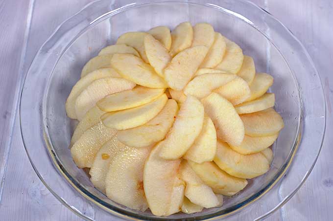 Sliced apples placed in a glass pie pan in a spiral configuration | Foodal