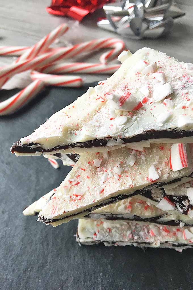 Close up view of Christmas peppermint bark candy made with two layers of white chocolate sandwiching a layer of dark chocolate. Peppermint crumbles are stuck to the top of the candy.