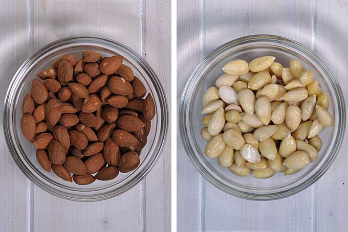 Two photos showing roasted almonds on the left side and blanched almonds on the right side | Foodal