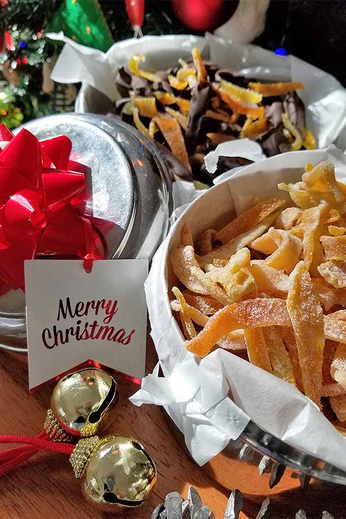 Vertical image of two silver tins with lids, lined with white parchment paper, filled with candied citrus peel. Some is coated in sugar, some is dipped in chocolate. With a red bow and Merry Christmas gift tag, a pine cone, and gold jingle bells on red satin cords for decoration, with a decorated Christmas tree in soft focus in the background.