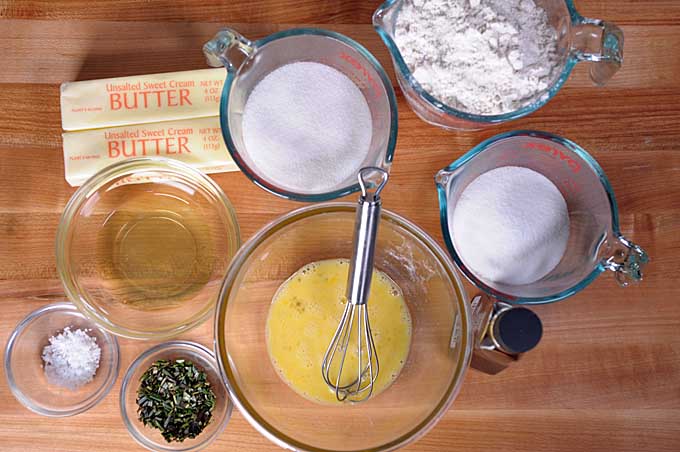 Top down view of the ingredients or mise en place to create the rosemary butter cookies | Foodal