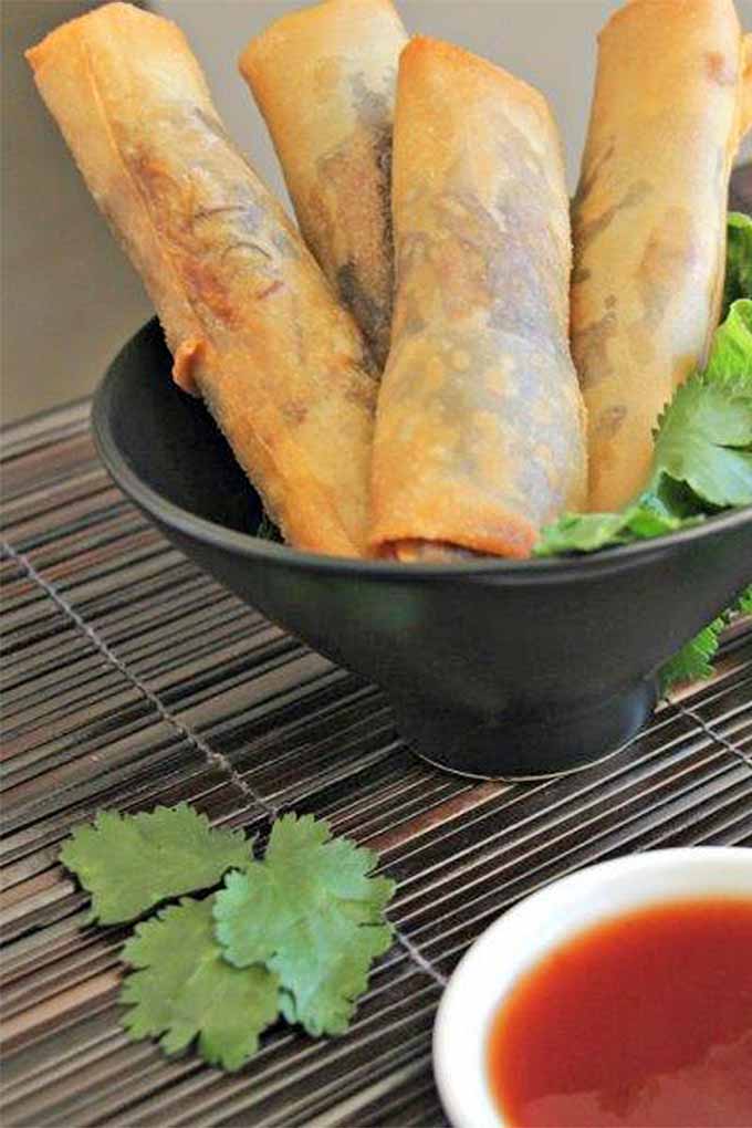 Four fried spring rolls in a black ceramic bowl with fresh cilantro sprigs, on a brown mat.