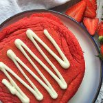 A Beautiful Breakfast of Red Velvet Pancakes with Cream Cheese Glaze and Strawberries | Foodal.com