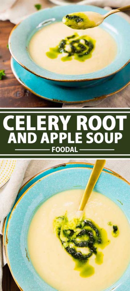 A collage of photos showing different views of a carrot and apple soup.