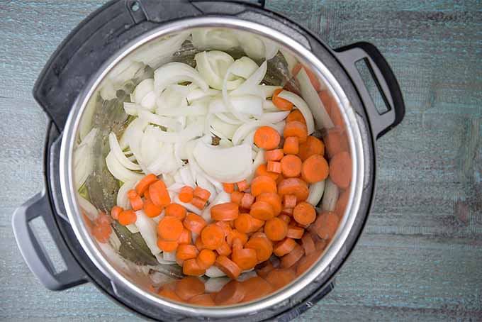 Top down view of chopped raw carrots and onions in an Instant Pot.