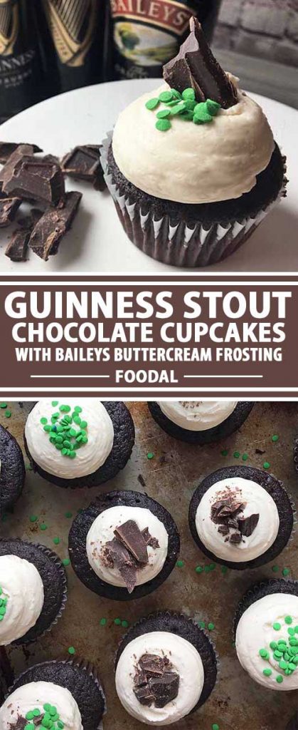 A collage of photos showing different views of cupcakes made with Guinness Stout and chocolate along with a creamy icing made with Bailey's liquor.