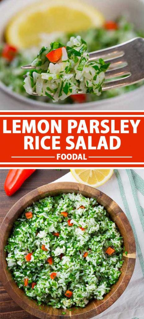 A collage of photos showing different views of a lemon parsley rice salad recipe in a wooden bowl and a close up on a fork.