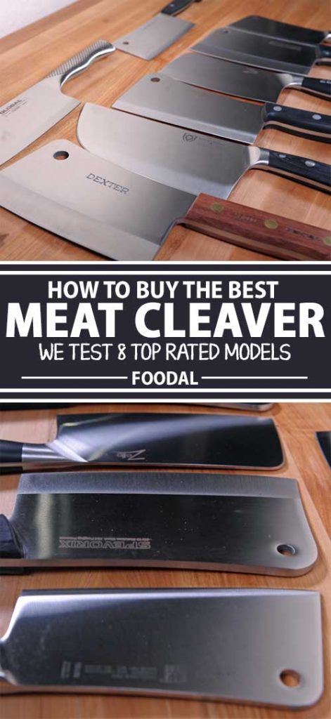 A collage of photos showing different models of meat cleavers.