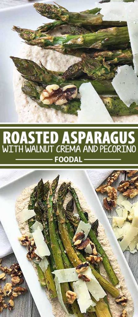 A collage of photos showing different views of a roasted asparagus with walnut cream and percorino cheese.