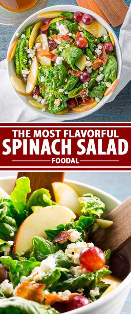 A collage of photos showing different views of a spinach salad recipe.