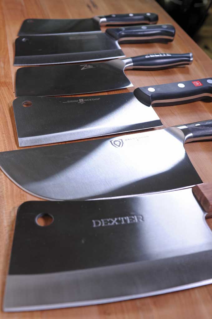 Close up view of the edges of the tested meat cleavers.