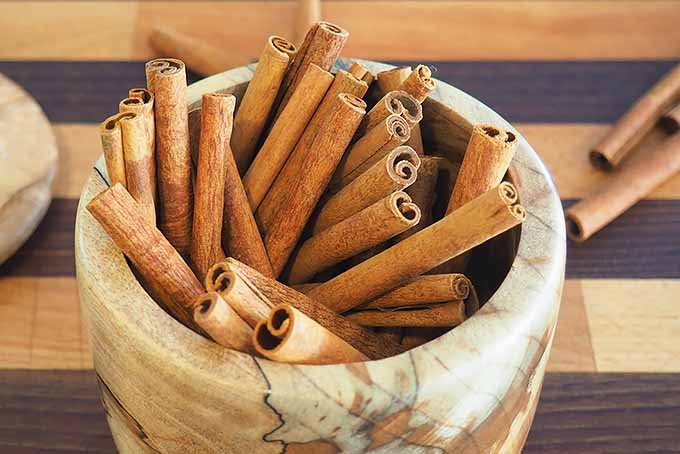 Mortar filled with cinnamon sticks on a wooden cutting board. 