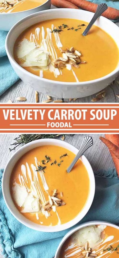 A collage of photos showing different views of a velvety carrot soup recipe.