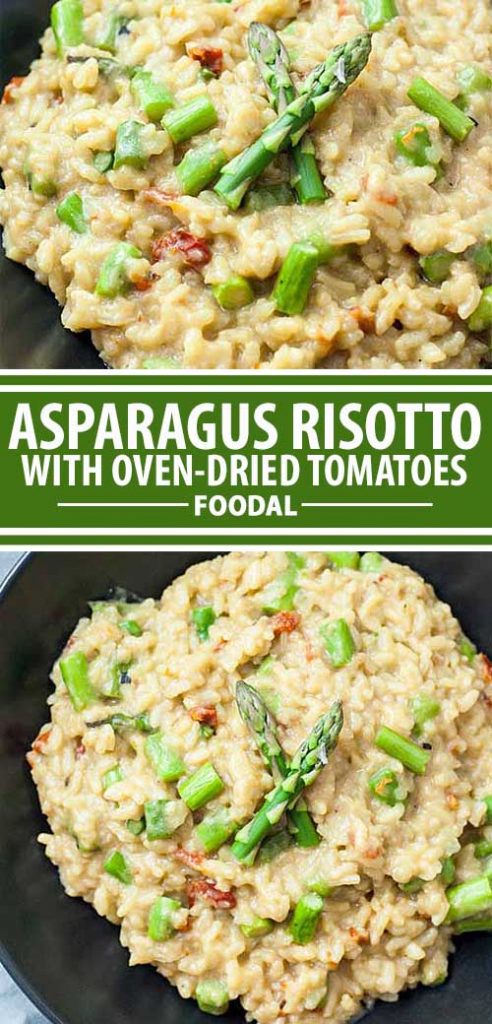 A collage of photos showing different views of vegan asparagus risotto recipe.