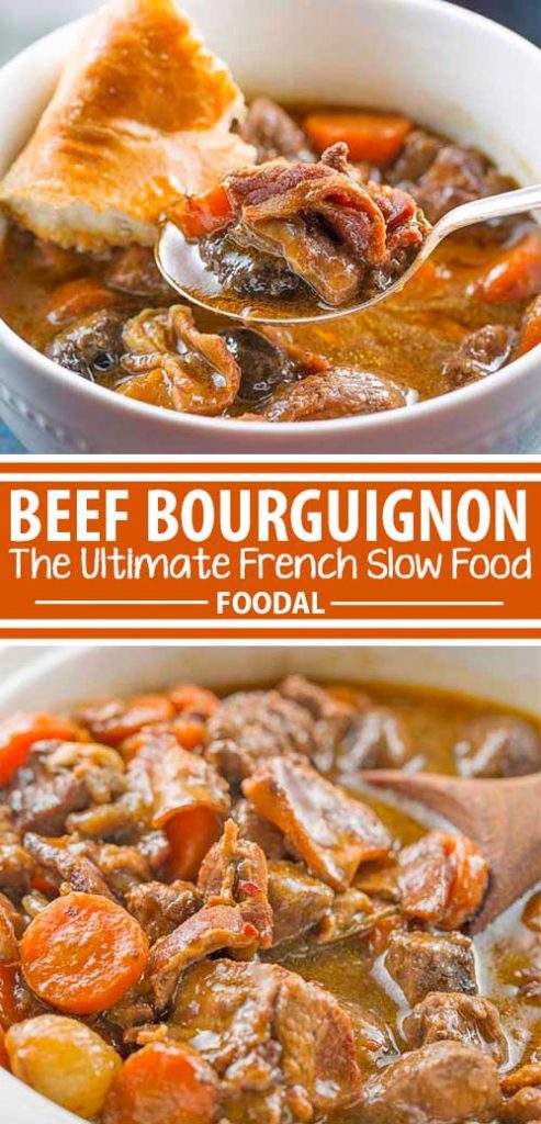 A collage of photos showing different views of a slow cooker beef bourguignon recipe.