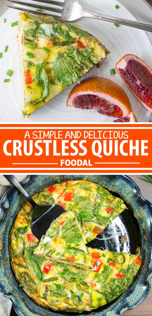 A collage of photos showing different views of a crustless quiche recipe.