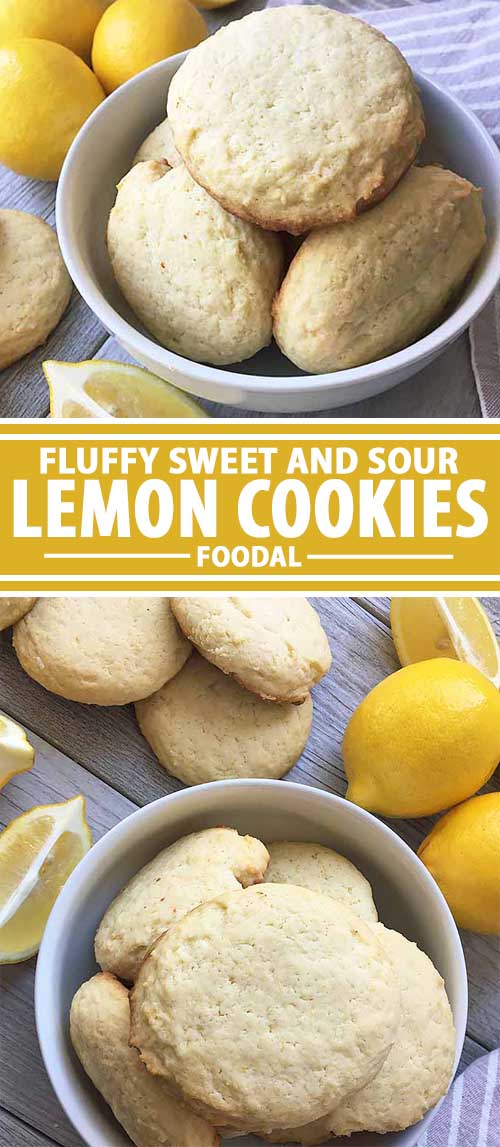 A collage of photos showing different views of a fluffy lemon cookie recipe.