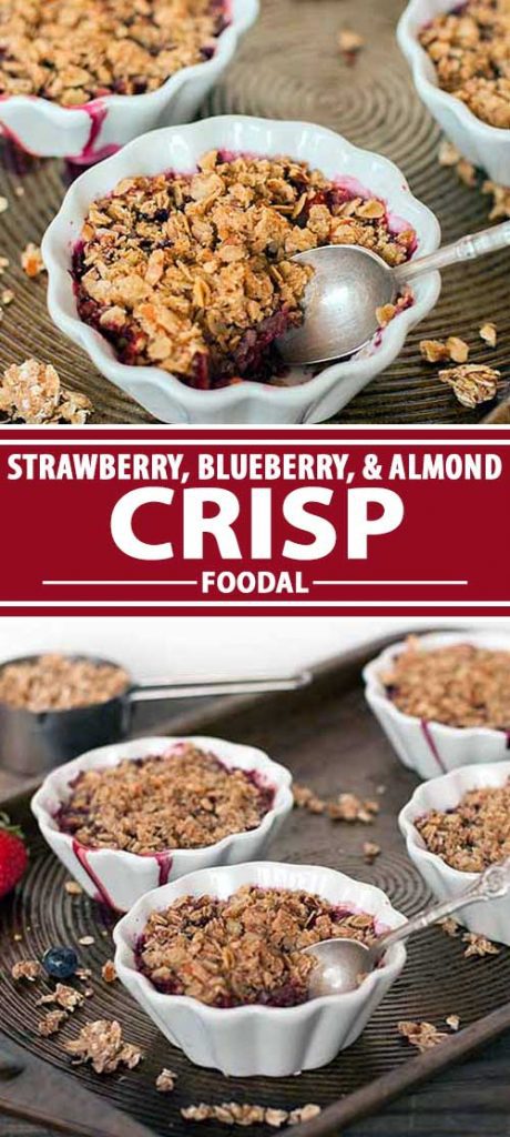 A collage of photos showing different views of a strawberry, blueberry, and almond crisp recipe.