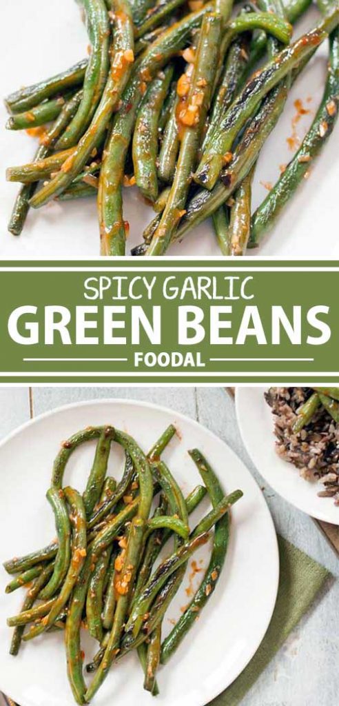  A collage of photos showing different views of a spicy garlic green beans recipe.